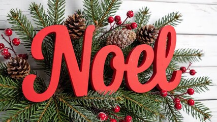 Red Noel Christmas Decoration with Fir Branches - A close-up shot of a red wooden "Noel" sign nestled amongst fir branches, pinecones, and red berries on a white wooden background. - Powered by Adobe