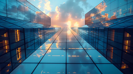 Sunset Cityscape with Glass Buildings.