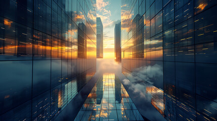 Sunset Cityscape with Skyscrapers, and Clouds.