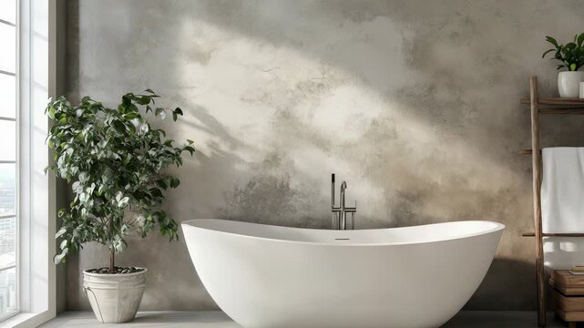 Modern Bathroom Interior with Freestanding Bathtub, Concrete Wall, Green Plants, Natural Light, and Rustic Wooden Ladder for a Relaxing Spa Vibe
