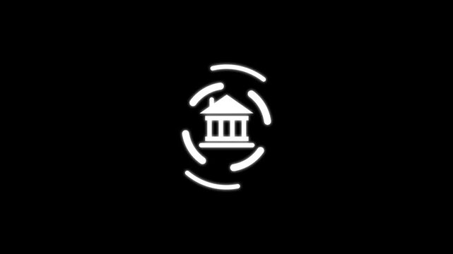 White color bank building icon animation. bank building icon concept on black background 4k video