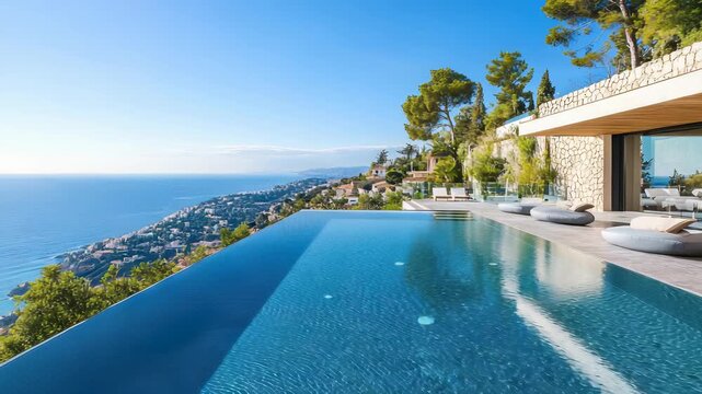 Luxury Villa with Infinity Pool Overlooking the Mediterranean Sea, French Riviera, Modern Architecture, Summer Vacation, Coastal Scenery