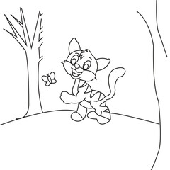 Cat Sitting on Tree Branch  Cute Animal Outline Illustration