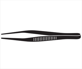 Black silhouette of precision tweezers isolated on white background, medical tool vector illustration for healthcare, laboratory, cosmetic, surgery, science, electronics, and beauty applications