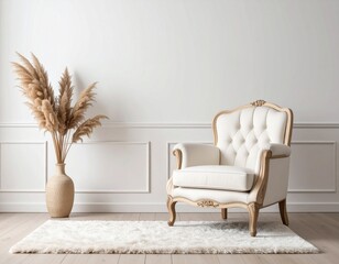 Elegant living room interior with classic armchair and pampas grass in a vase.