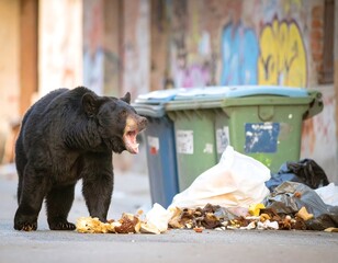 Angry black bear in a city alley scavenging trash