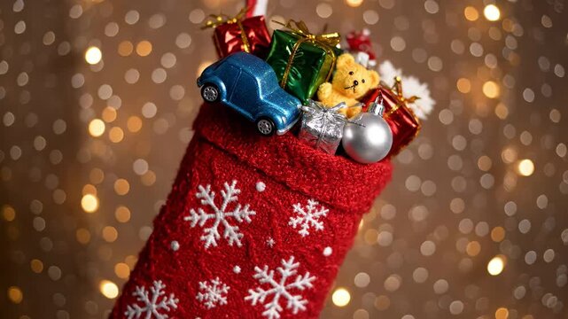 Overflowing Christmas Stocking with Gifts - A red Christmas stocking overflowing with presents, a toy car, a teddy bear, and ornaments sits against a sparkling bokeh background.