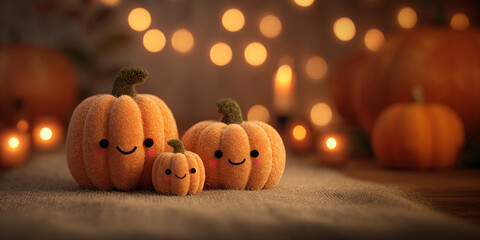 Some cute halloween pumpkins with smiling faces. Cozy autumn atmosphere. Warm orange glow. Cartoon style. Plush pumpkins. Family atmosphere.