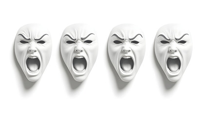 Set of four white theatrical masks expressing intense emotions for dramatic art concepts