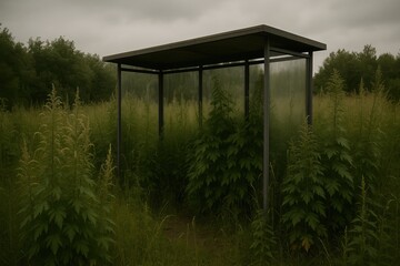 Fototapeta premium Abandoned bus stop in overgrown field. Unused shelter surrounded by tall grass. Nature reclaiming urban structure.