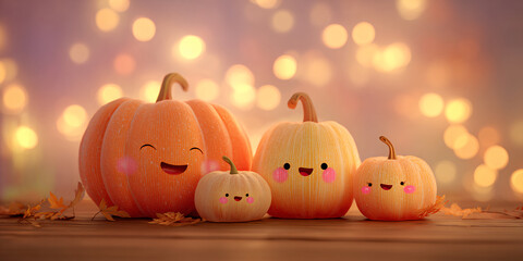 Some cute halloween pumpkins with smiling faces. Cozy autumn atmosphere. Warm orange glow. Cartoon style. Plush pumpkins. Family atmosphere.