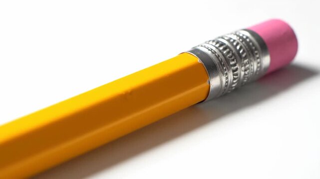 Classic Yellow Pencil on White - A close-up shot of a classic yellow pencil lying on a pristine white background. The pencil shows subtle details, including a pink eraser and metallic ferrule.