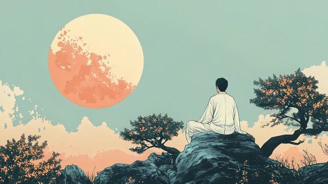Meditating Man on Mountain Peak Contemplating a Large Moon, Serene Landscape, Artistic Illustration, Mindfulness and Spiritual Journey