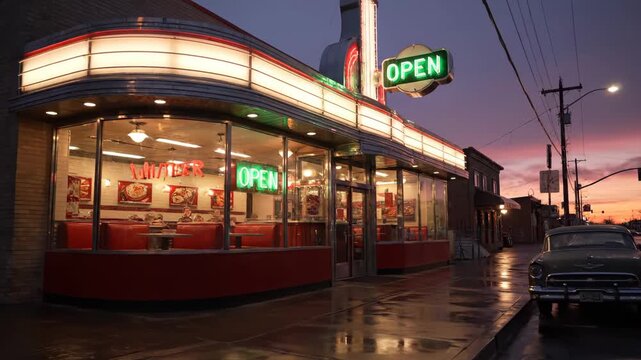 Retro Diner at Sunset - A classic American diner with a retro facade and glowing "OPEN" sign is shown at dusk. A vintage car is parked on the wet street in front.
