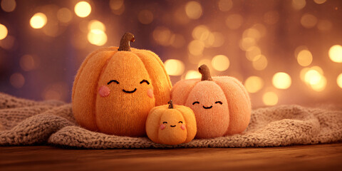 Some cute halloween pumpkins with smiling faces. Cozy autumn atmosphere. Warm orange glow. Cartoon style. Plush pumpkins. Family atmosphere.