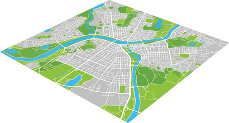 Isometric city map with river and green spaces illustration
