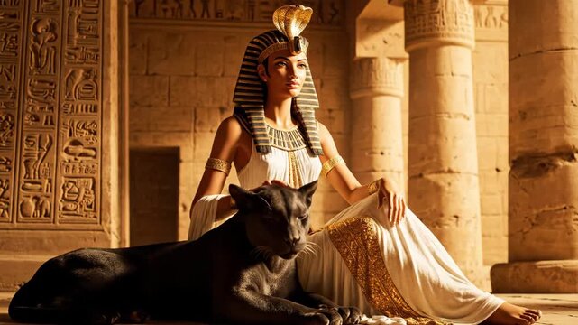 Egyptian Queen with Black Panther - A regal Egyptian queen, adorned in gold and white attire, sits gracefully alongside a black panther in an ancient temple setting.
