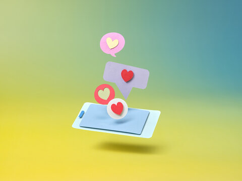 Stylized smartphone with floating paper hearts and speech bubbles