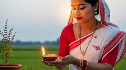 Assamese Women Worshipping Tulsi or Basil Plant During Kati Bihu