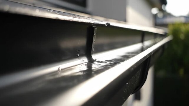 Modern House Gutter System Rainwater Drainage - Close-up view of a sleek, modern gutter system on a house, showcasing its design and efficient rainwater drainage.