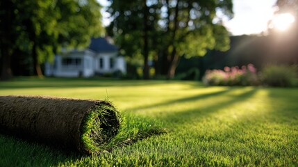 Laying sod for a lush green lawn at sunset in front of a house