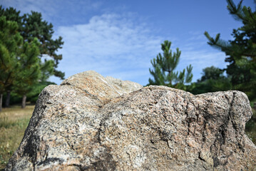 Eco style stone pedestal outdoors, minimal nature background for cosmetics, food or wellness products. Ideal for collages, product presentations, advertising layouts