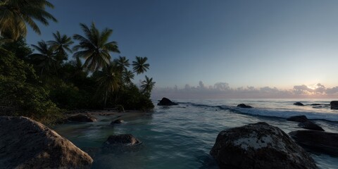 Obraz premium Tropical island beach sunset hdr panorama exported scenic location serene environment coastal viewpoint