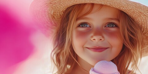 A young girl wearing a straw hat and sunglasses, with a bright smile on the beach.
