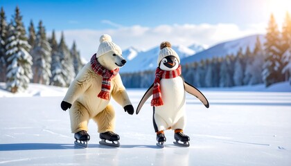 Polar bear and penguin ice skating in winter wonderland