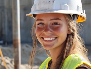 A happy young woman wearing a hard hat and high-visibility vest, smiling at the camera while dressed in work attire on a construction site.