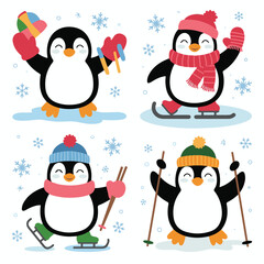 Festive Penguins Enjoying Winter Activities
