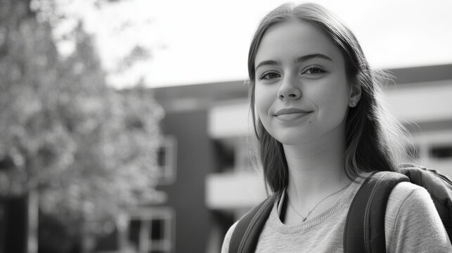 Student carrying a backpack smiling towards the camera. Focused on learning and higher education.