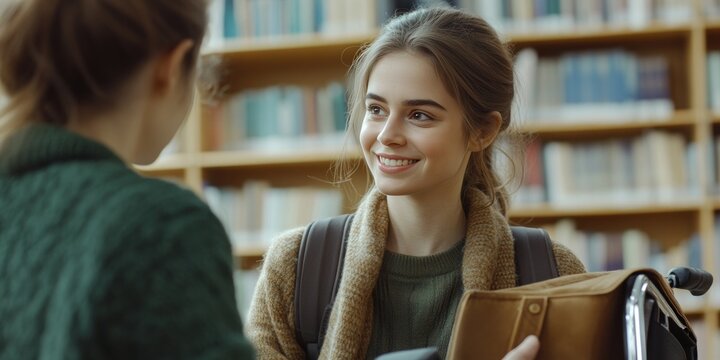 Two women in a library, one with a backpack and the other with a handbag, engaged in a friendly conversation. One of them is in a wheelchair, indicating an accessible environment. - Powered by Adobe
