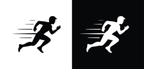 Running man silhouette with speed lines, fast motion concept, dynamic athlete icon in black and white, vector illustration for sports and fitness themes