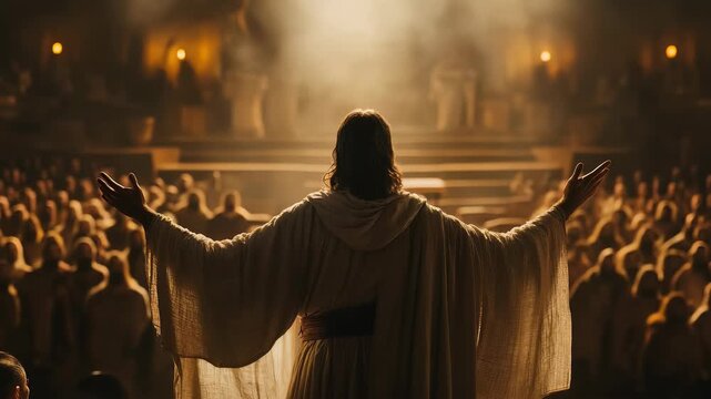 Jesus Christ Preaching to a Large Crowd, Back View, Arms Extended, Religious Gathering, Spiritual Leader, Light and Shadow, Faith and Inspiration.