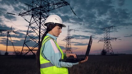 Transmission expert with computer, Workflow for upkeep, Field cybersecurity measure, Sunset maintenance session, Pylon and wire integrity checking, Community power service, Modern utility practices