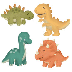 Watercolor Dinosaurs Illustration Set. Hand Painted Prehistoric Animals Collection with Various Dinosaur Species. Artistic Wildlife Clipart in Watercolor Painting Style Isolated on White Background