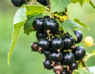 Close-up of ripe black currants on a branch
