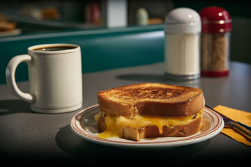 A warm Mid-century diner table with toasted sandwich and coffee. Cinematic styling, nostalgic tones, and sharp composition highlight American retro culture for editorial design.