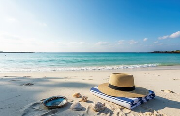 Straw hat resting on pristine warm sandy beach