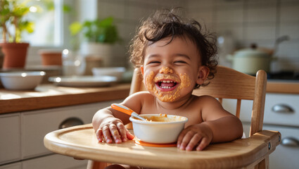 A joyful and messy baby with food smeared all over their face and hands laughs happily in a highchair. The image captures the delightful chaos and fun of a baby's feeding time.