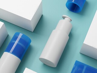 White and blue cosmetic bottles with packaging on blue background