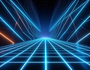 Futuristic Neon Grid Tunnel into Digital Cyberspace.