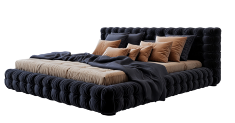  luxurious black velvet bed with multiple layers of cushions, isolated on a transparent background