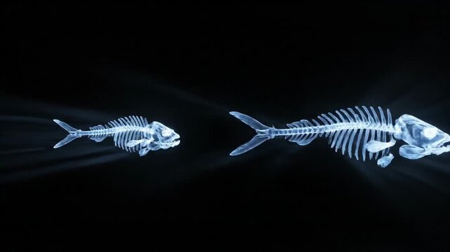 Ethereal glowing fish skeleton glides through dark underwater abyss, revealing scientific discovery and mystery