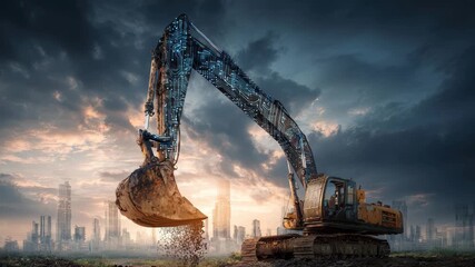 Conceptual representation showcasing the future of construction technology with a futuristic excavator in an urban setting at dusk - Powered by Adobe
