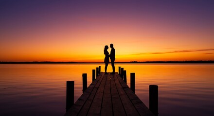 Couple on pier sunset silhouette