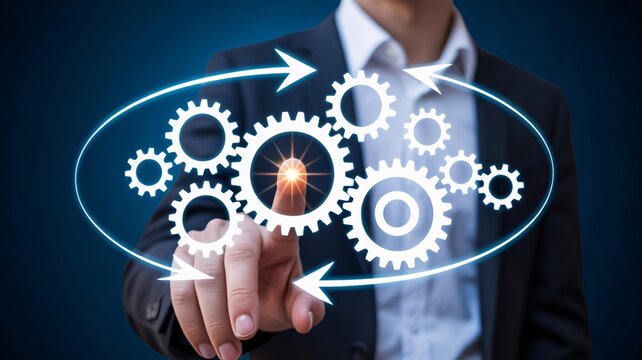 Businessman touching glowing gears mechanism with arrows on dark blue background cogs interlocking