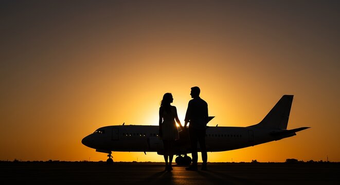 Couple silhouette airplane sunset - Powered by Adobe