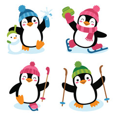 Cute Winter Penguins Playing and Skiing